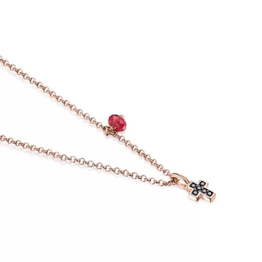 Store Motif cross Necklace in Rose Silver Vermeil with Spinels and Ruby Silver Necklaces | Short Necklaces