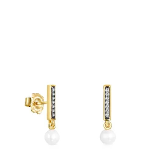 Discount Nocturne bar Earrings in Silver Vermeil with Diamonds and Pearl Silver Earrings | Pearl Earrings