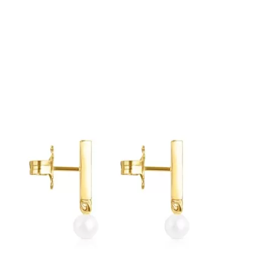 Discount Nocturne bar Earrings in Silver Vermeil with Diamonds and Pearl Silver Earrings | Pearl Earrings