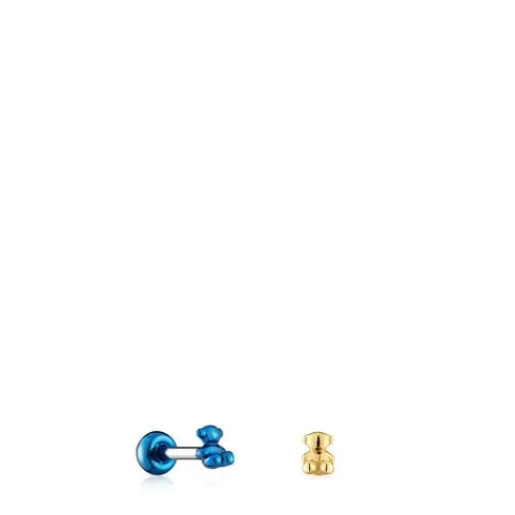 Store Pack of Bold Bear Ear piercings in gold-colored and blue IP steel Small Earrings | Ear Piercing