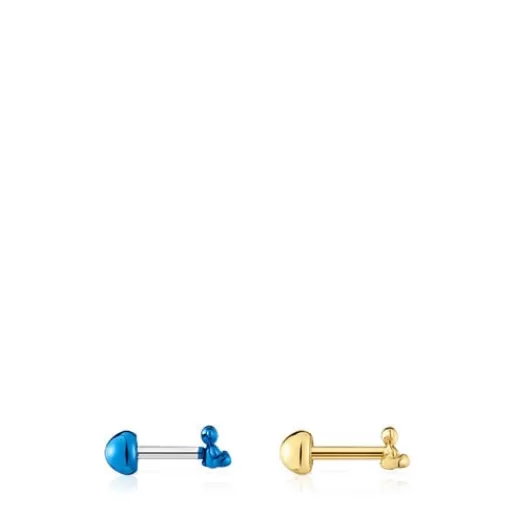 Store Pack of Bold Bear Ear piercings in gold-colored and blue IP steel Small Earrings | Ear Piercing