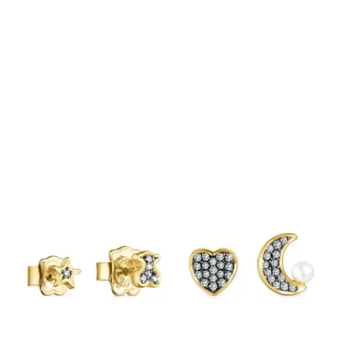 Shop Pack of Nocturne Earrings in Silver Vermeil with Diamonds and Pearl Silver Earrings | Small Earrings