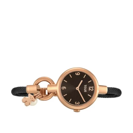 Hot Rose IP Hold Charms Watch with black IP strap For Her