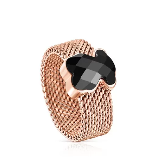 Hot Rose IP Steel Mesh Color Ring with faceted Onyx Bear motif Silver Rings | Small Rings