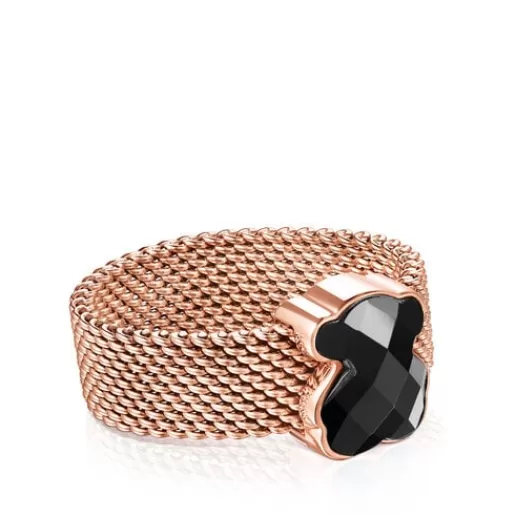 Hot Rose IP Steel Mesh Color Ring with faceted Onyx Bear motif Silver Rings | Small Rings