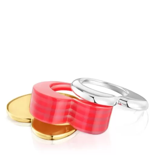 Best Sale Set large two-tone heart and pink acetate Rings My Other Half Silver Rings | Large Rings