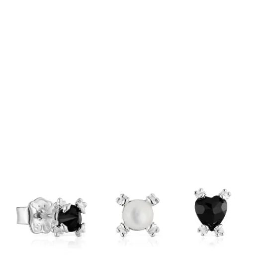 Hot Set of three Color Pills Earrings with onyx and mother-of-pearl Silver Earrings