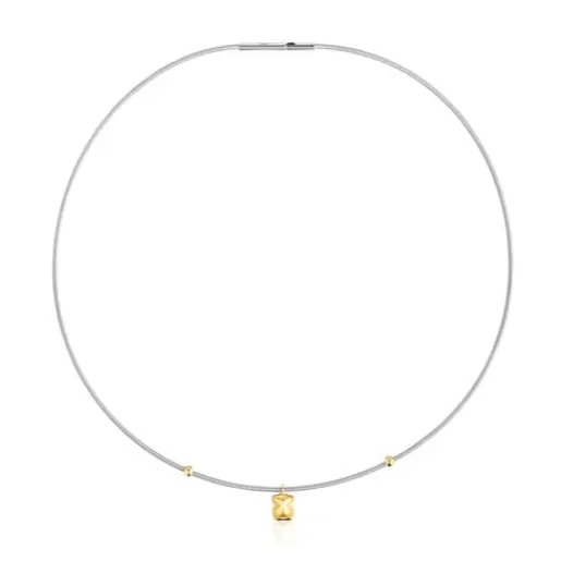 Clearance Short gold and steel Necklace with bear motif Mesh Tube Gold Necklaces | Short Necklaces