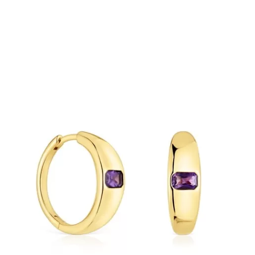 Hot Short Hoop earrings with 18kt gold plating over silver and amethyst Basic Colors Silver Earrings | Hoop Earrings