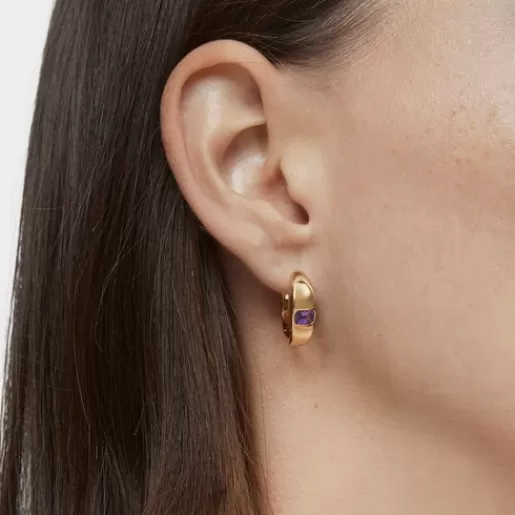 Hot Short Hoop earrings with 18kt gold plating over silver and amethyst Basic Colors Silver Earrings | Hoop Earrings