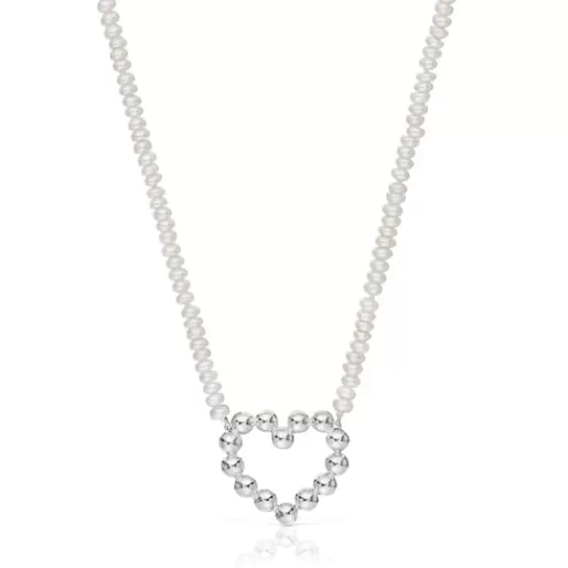 Sale Short silver heart motif and cultured pearls Necklace Sugar Party Silver Necklaces | Short Necklaces