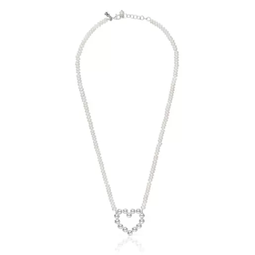 Sale Short silver heart motif and cultured pearls Necklace Sugar Party Silver Necklaces | Short Necklaces