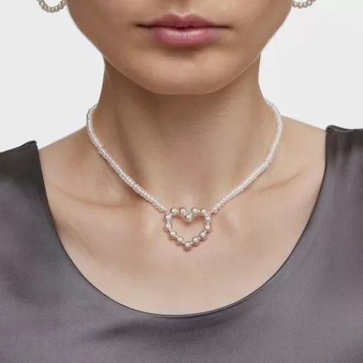 Sale Short silver heart motif and cultured pearls Necklace Sugar Party Silver Necklaces | Short Necklaces