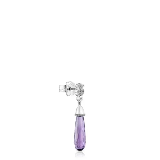 Best Sale Short white-gold bear Single earring with diamonds and amethyst Grain Individual Earrings
