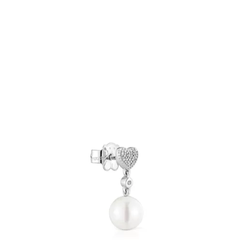 Discount Short white-gold heart Single earring with diamonds and cultured pearl Grain Individual Earrings