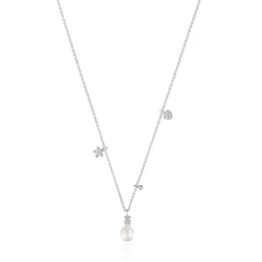 Hot Short white-gold Necklace with diamonds, cultured pearl and motifs Grain Gold Necklaces | Short Necklaces