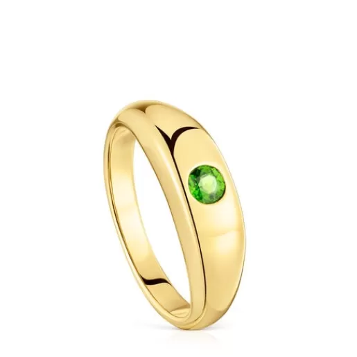 Fashion Signet ring with 18kt gold plating over silver and chrome diopside Basic Colors Silver Rings