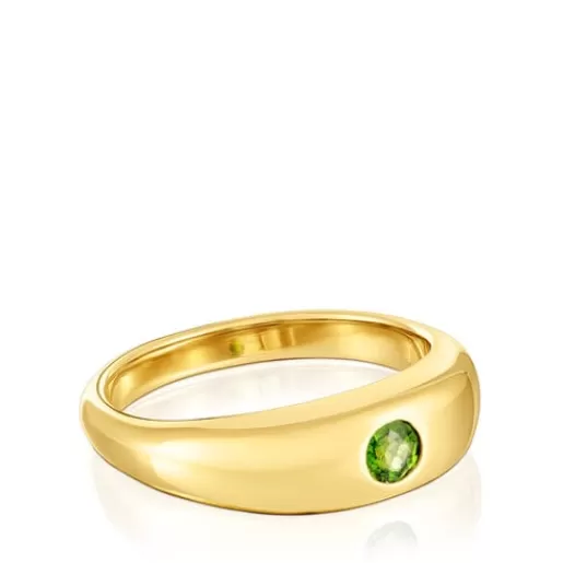 Fashion Signet ring with 18kt gold plating over silver and chrome diopside Basic Colors Silver Rings