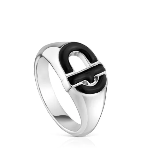 Cheap Silver and black enamel Signet ring MANIFESTO Silver Rings