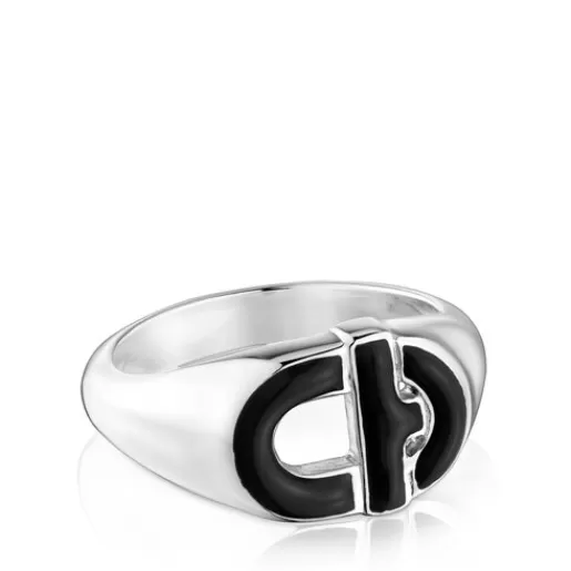 Cheap Silver and black enamel Signet ring MANIFESTO Silver Rings