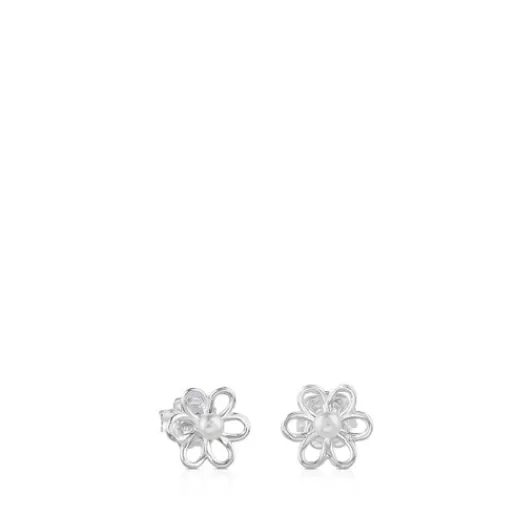 Best Silver and 0,35cm. pearls Maggie Earrings with Flower motif Silver Earrings | Small Earrings