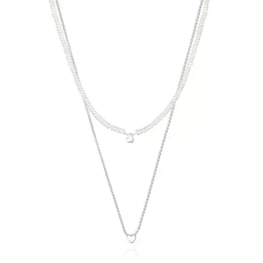 Cheap Silver and cultured pearls Mini Icons heart and bear Necklace set Silver Necklaces | Short Necklaces
