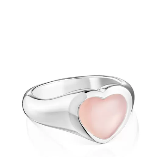 Cheap and pink chalcedony heart Signet ring Bold Motif Silver Rings