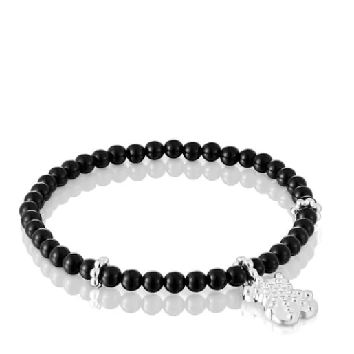Flash Sale Silver elastic Bracelet with onyx and bear charm Grain Silver Bracelets