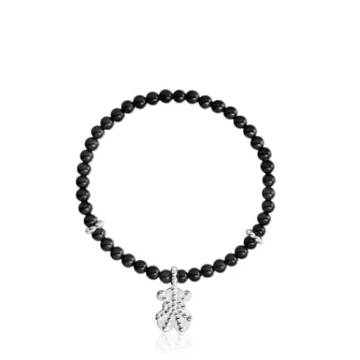 Flash Sale Silver elastic Bracelet with onyx and bear charm Grain Silver Bracelets