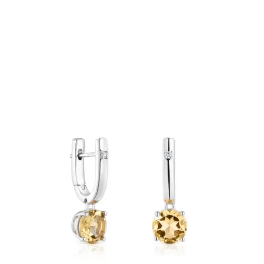 Fashion Silver Hoop earrings with citrine and diamonds Basic Colors Silver Earrings | Hoop Earrings