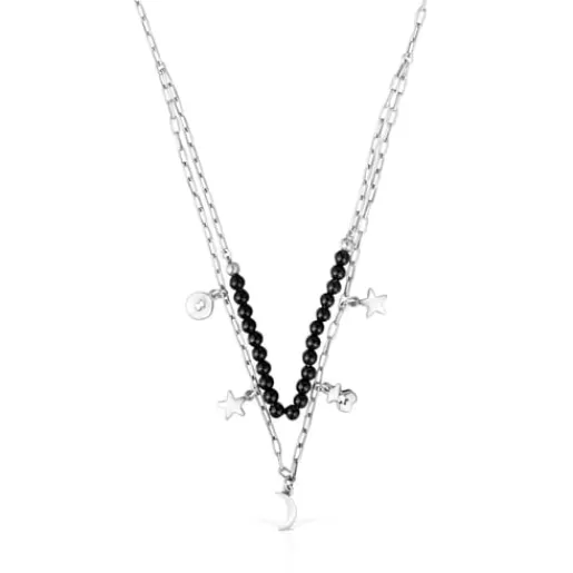 Cheap Silver Magic Nature double Necklace with onyx Silver Necklaces | Short Necklaces