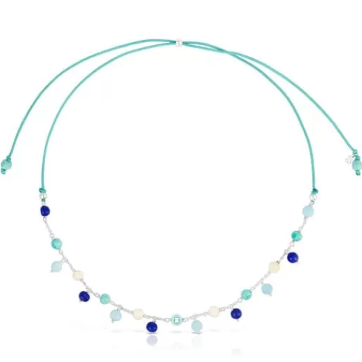 Online Silver, Murano glass and blue nylon Necklace Icon Glass Silver Necklaces | Long Necklaces