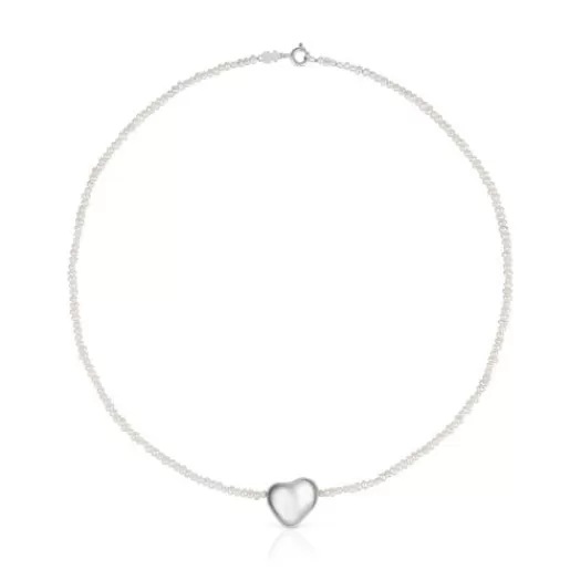 New Silver Necklace with cultured pearls and heart motif Tabit Silver Necklaces | Short Necklaces