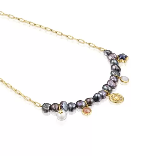 Clearance Silver vermeil Magic Nature Necklace with gray pearls and gemstones Silver Necklaces | Short Necklaces