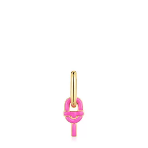 Hot single Hoop earring with 18kt gold plating over silver and fuchsia-colored motif pendant MANIFESTO Silver Earrings | Hoop Earrings