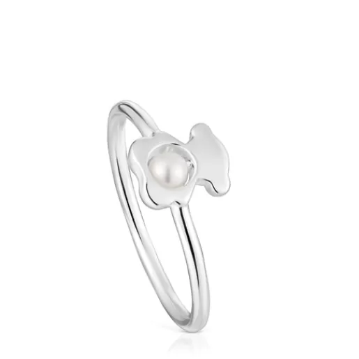 Hot Small silver bear Ring with cultured pearl I-Bear Silver Rings | Small Rings