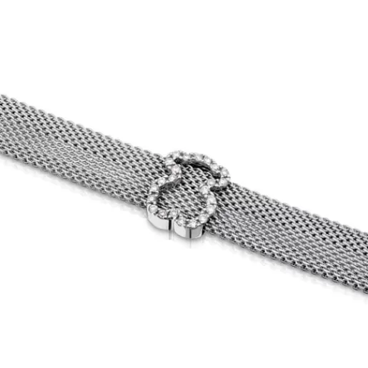 Hot Steel and White gold Icon Mesh Bracelet with Diamonds Bear motif 0,8cm. 0,14ct Gold Bracelets | Chain Bracelets