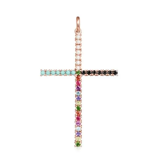 Outlet Straight cross Pendant in Rose Silver Vermeil with Gemstones Silver Pendants | Large Pendants