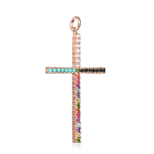 Outlet Straight cross Pendant in Rose Silver Vermeil with Gemstones Silver Pendants | Large Pendants