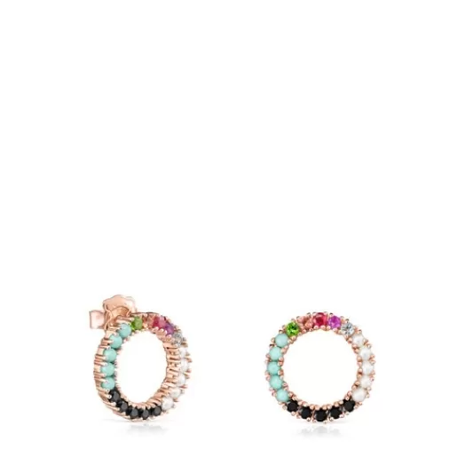Fashion Straight large disc Earrings in Rose Silver Vermeil with Gemstones Silver Earrings | Small Earrings