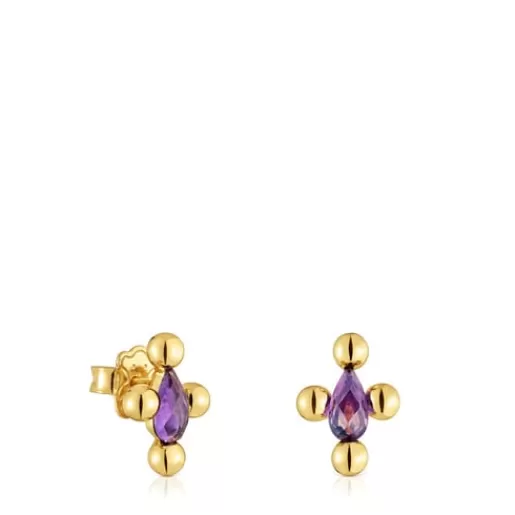 Shop Sugar Party short Earrings with 18kt gold plating over silver and amethyst Silver Earrings | Small Earrings