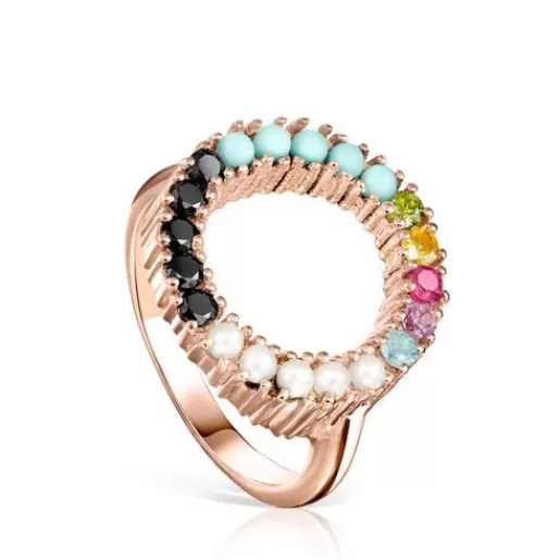 Flash Sale Straight disc Ring in Rose Silver Vermeil with muticolor Gemstones Silver Rings | Small Rings