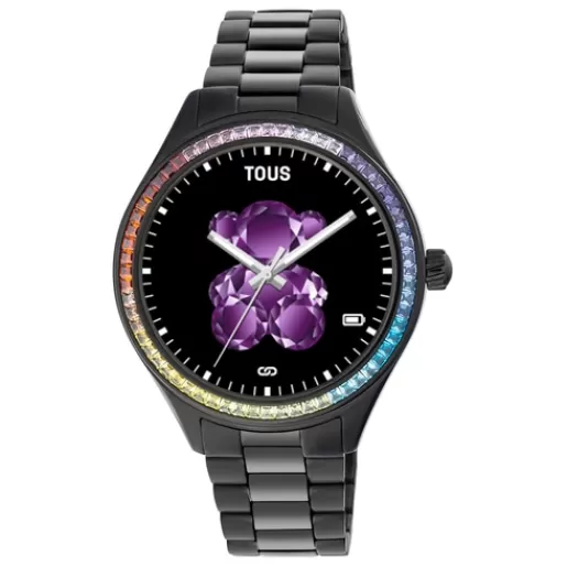 Best Sale T-Shine Connect Smartwatch with black IP steel wristband with rainbow cubic zirconias For Her | For Man