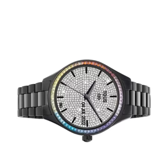 Best Sale T-Shine Connect Smartwatch with black IP steel wristband with rainbow cubic zirconias For Her | For Man