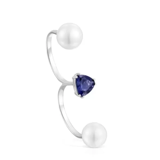 Flash Sale White gold double open Ring with iolite and cultured pearl Ivette 分类为空 | Open Rings