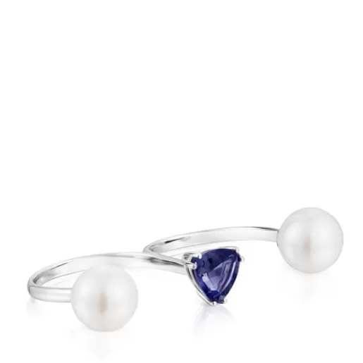 Flash Sale White gold double open Ring with iolite and cultured pearl Ivette 分类为空 | Open Rings
