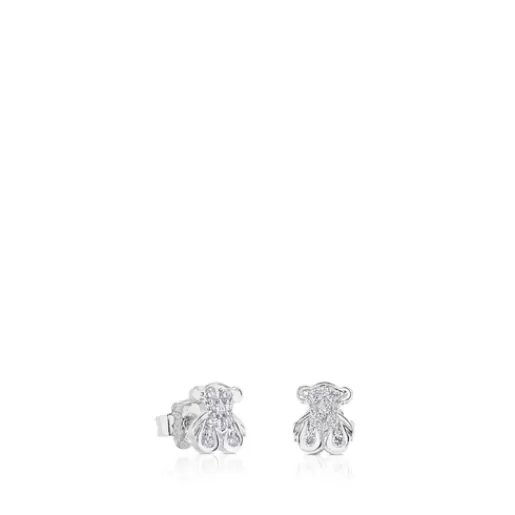 New White Gold Bear Earrings with Diamonds Bear motif Kids Small Earrings | Jewelry